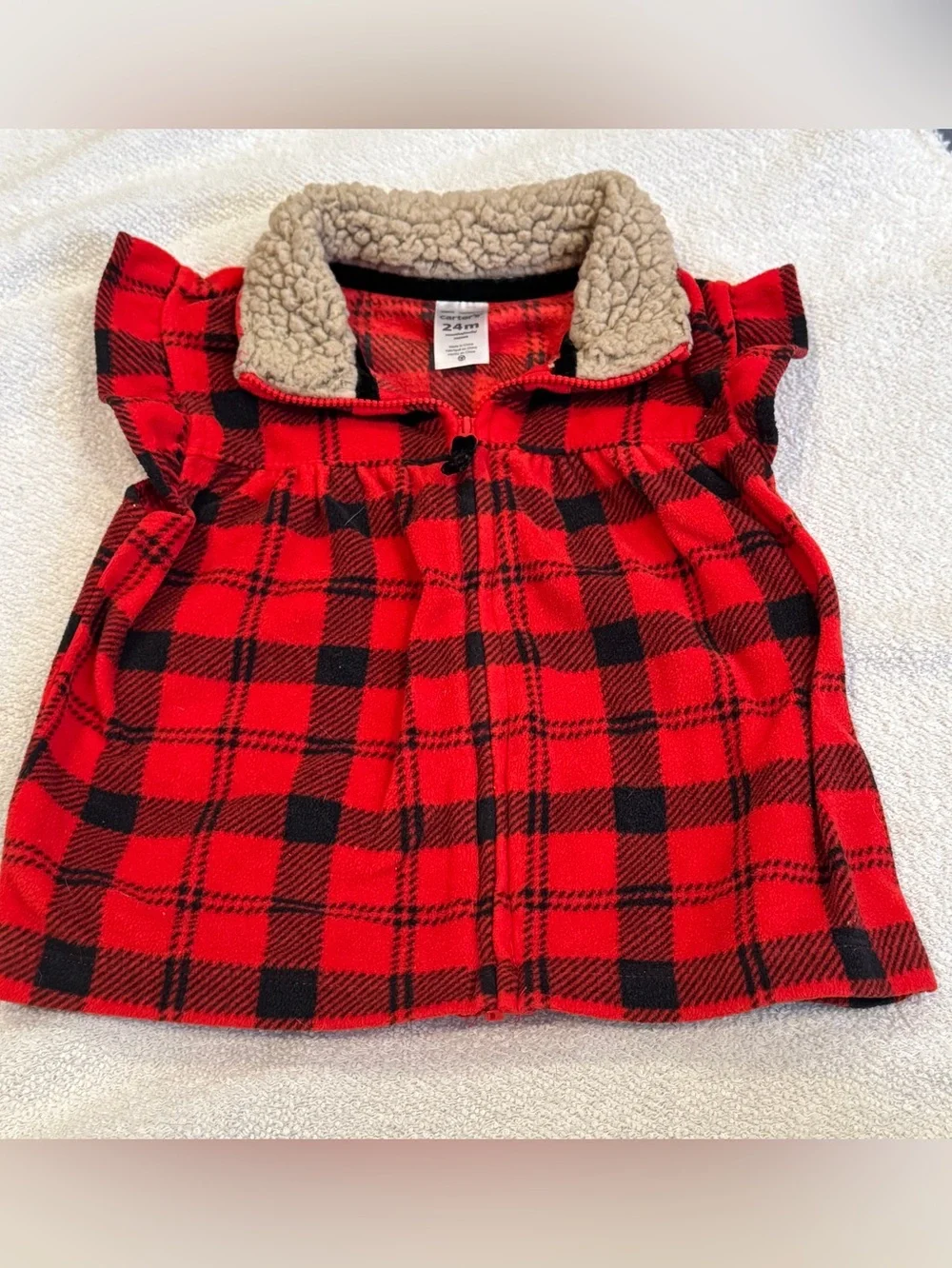 Carter's Toddler Girl Red Plaid Ruffle Fleece Top Sherpa Lined Fuzzy Collar 24mo